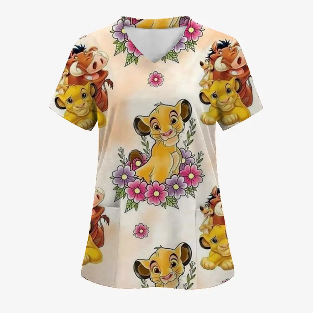 المرأة العمل موحدة طباعة الكرتون الأسد الملك قصيرة الأكمام الخامس الرقبة القمم فام بلوزة ممرضة ملابس العمل الزي الطبي