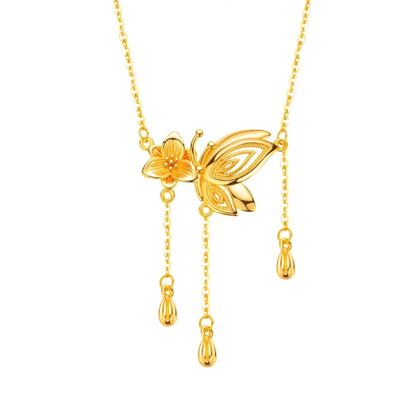 9999 real gold 24K yellow gold Flower Butterfly with Tassel Necklace