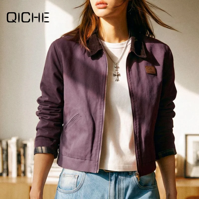 QICHE 2026 Women Barn Style Detroit Workwear Jacket, Contrast Collar Cropped Zip Up Casual Fall Outerwear