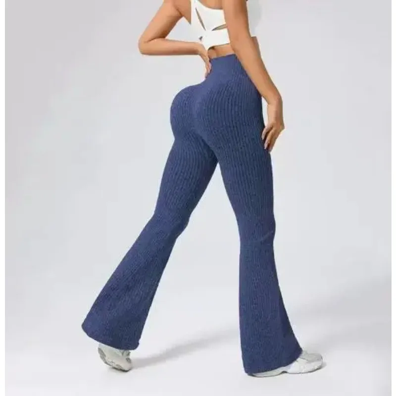 Women's Seamless Ribbed Knitted Bell Bottom Pants High-Waist Solid Slim Yoga Bell-bottoms Stretchy Gym Running Exercise Leggings