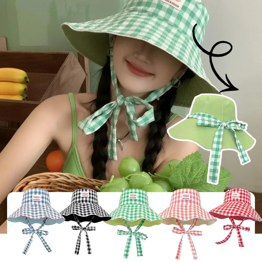 Vintage karierter Bucket Hat mit breiter Krempe und Schnürriemen, UV-Schutz, Sonnenhut für Outdoor, Reisen, Strandurlaub, Schattenkappe