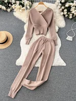 SINGREINY Winter Casual Knitted Two Pieces Suits V Neck Long Sleeve Sweater+ Elastic Casual Long Pants Sets Women Sweater Sets - Image 3