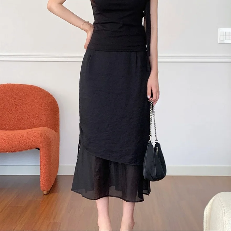 Elegant High Waist Pleated Long Skirt Semi-Body Skirt with Belt Autumn Collection Polyester Fiber Standard Fit Pure Color