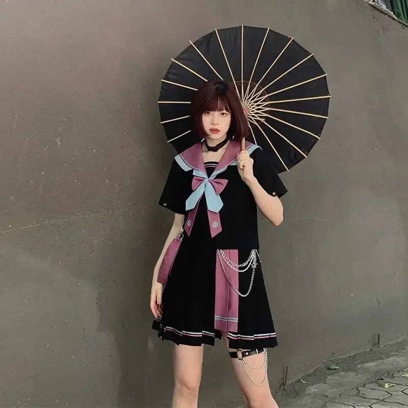 Original Contrasting Color Navy Collar Short Long Sleeved Top Irregular Pleated Skirt Jk Uniform Female Japanese Sailor Suit