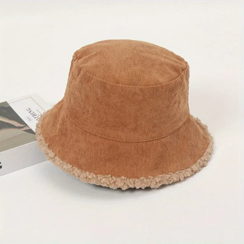 Solid Color Fashion Simple Basin Hat Lambhair Warm and Skin Friendly Fisherman's Hat Corduroy Windproof Double-sided Bucket Hat