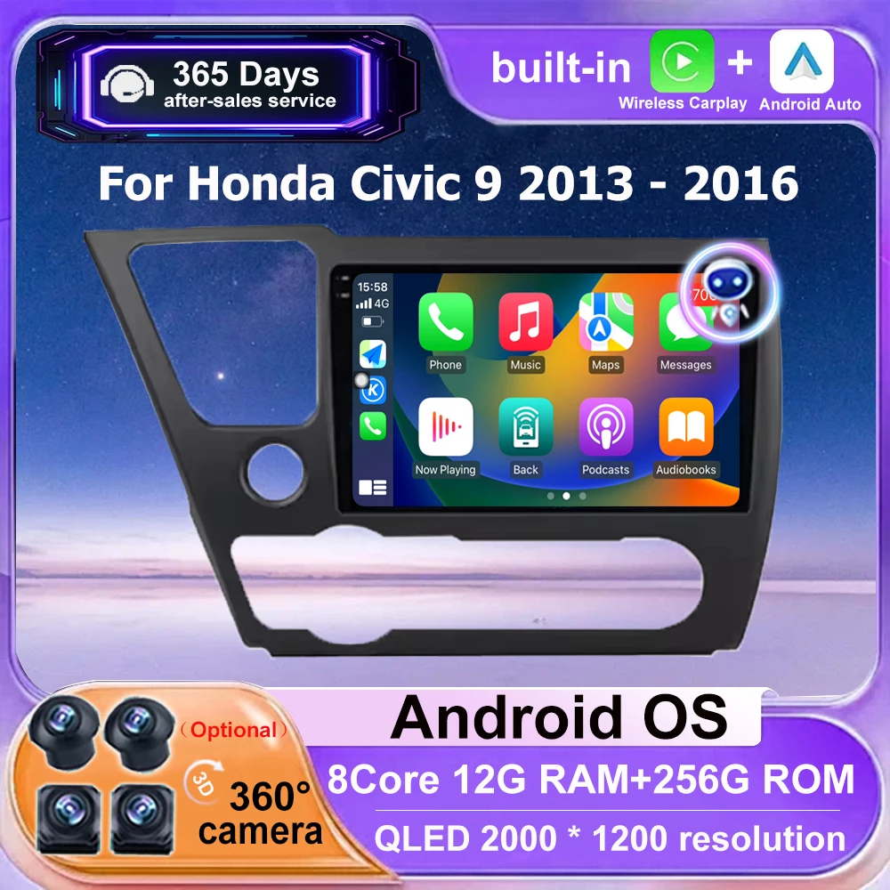 

Car Radio Multimedia Video Player Navigation Stereo GPS QLED DSP For Honda Civic 9 2013 - 2016 Android Auto Carplay 4G WIFI BT