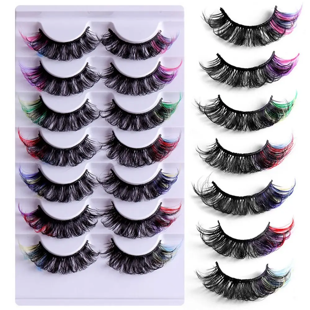 7 Pairs Mixed Color False Eyelashes Lashes Extension Thick Fluffy Lashes Faux Mink Fluffy Eyelashes Exaggerated Reusable