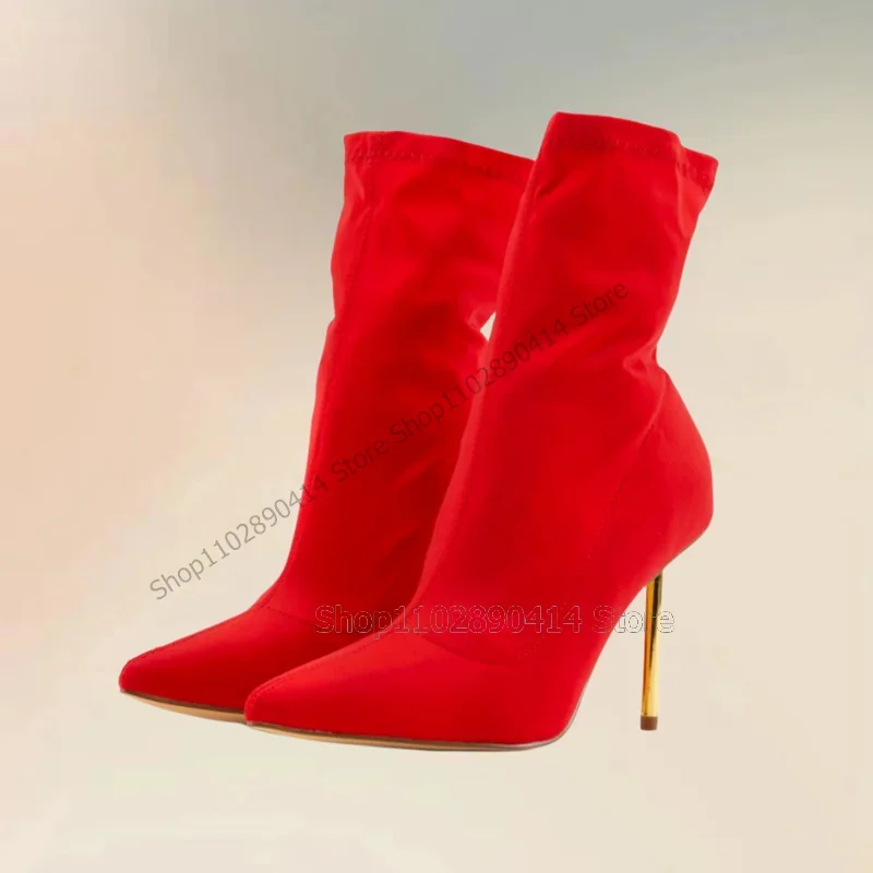 

Red Sewing Design Metal Heel Pointed Toe Boots Elastic Band Women Shoes Thin High Heels Fashion Party 2023 Zapatos Para Mujere