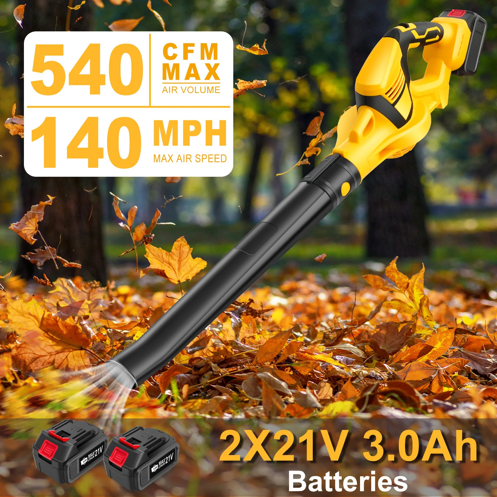 

140MPH Cordless Leaf Blower Electric Brushless 800W 21V with 2x3.0Ah Battery and Charger for Yard Sidewalk Cleaning Tool