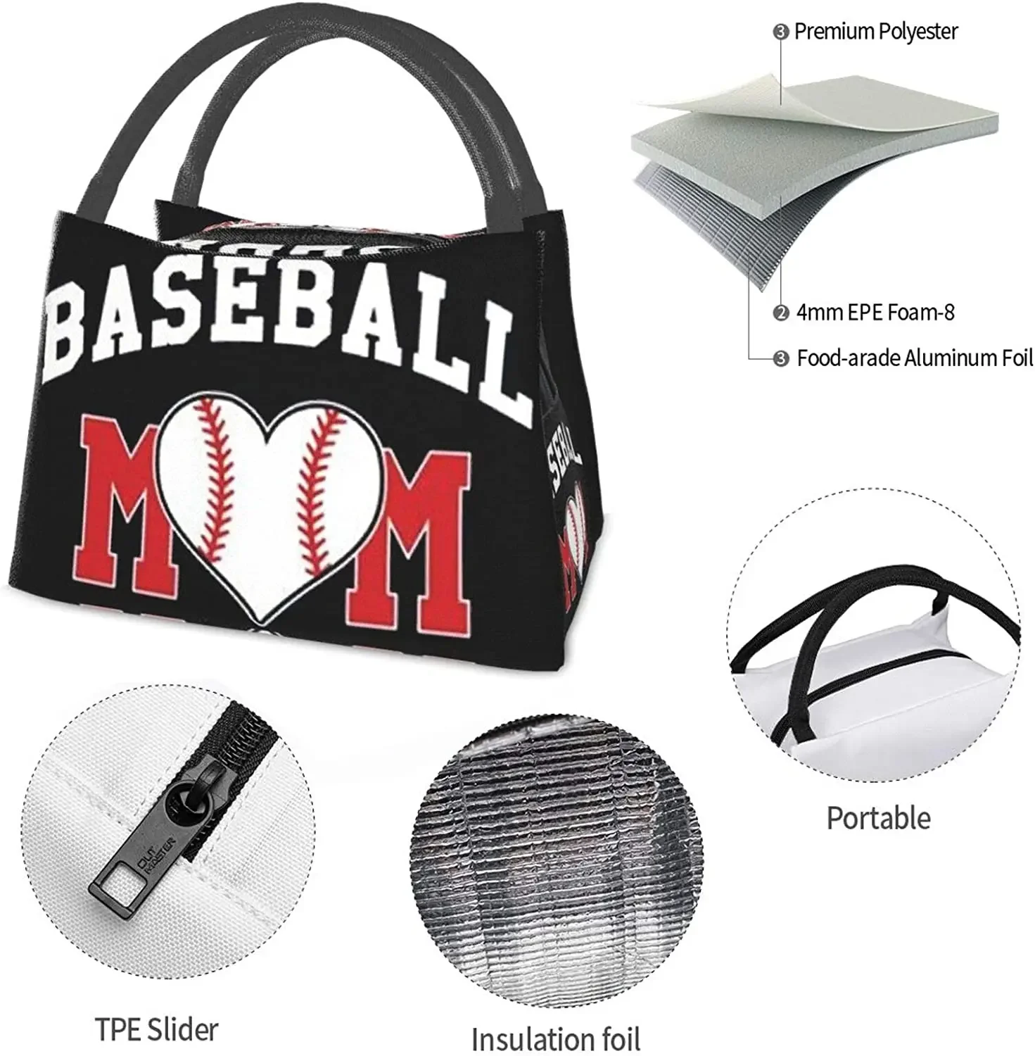 Baseball Mom Insulated Lunch Box Cooler Tote Bag Organizer Bag For Women