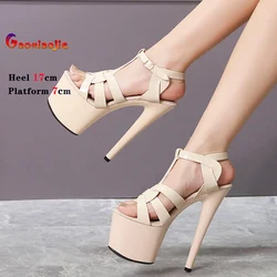 Fashion T-Belt Thick Platform Sandals Women Summer Patent Leather Pole Dance Shoes Nightclub Sexy 17CM High Heels Plus Size 43
