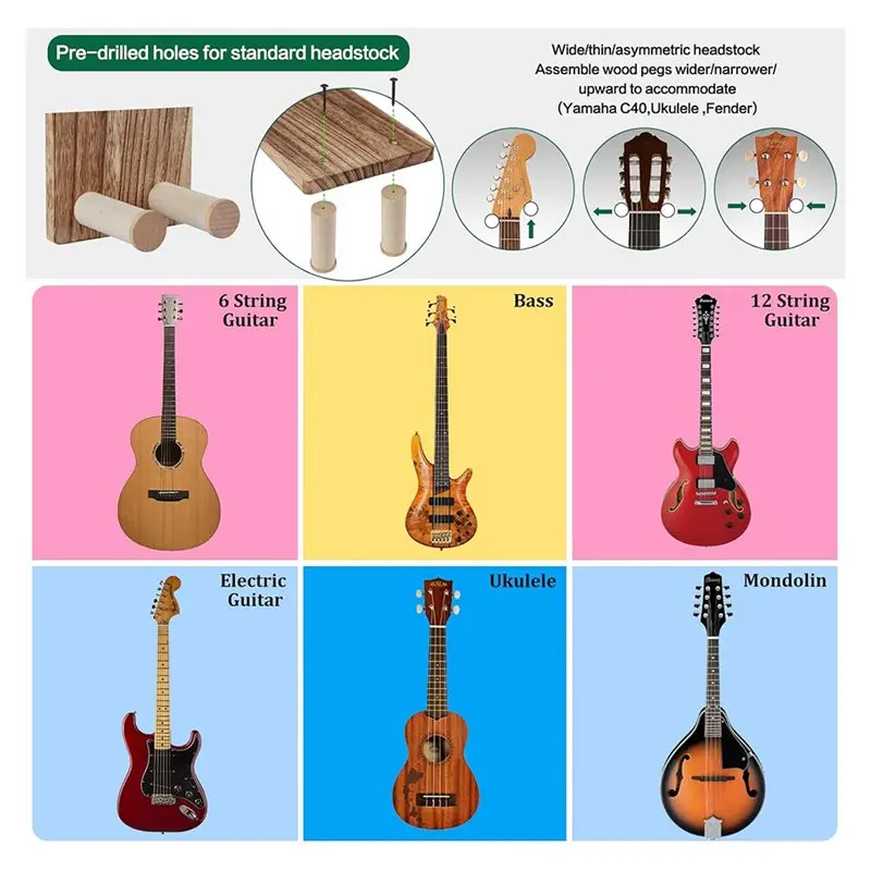 A74K-Guitar Wall Mount Hanger With Shelf& Pick Holder- 2Pcs Wood Hooks For Acoustic, Electric, Guitar Ukulele