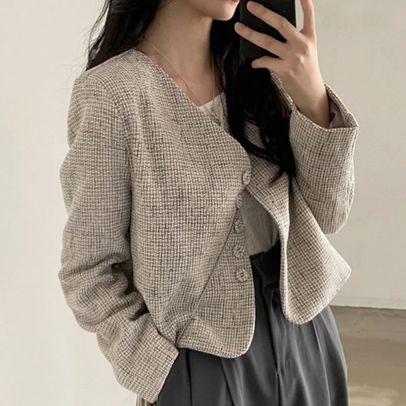 

GIDYQ Elegant Tweed Jackets Women Vintage V Neck Single Breasted All Match Cropped Coat Fashion Casual Office Ladies Outwear