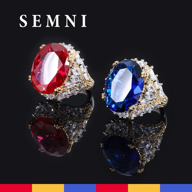 

SEMNI 100% 925 Sterling Sliver 15*20mm Ruby Sapphire Gem Ring for Women Grils White Gold Plated Love Promise Band