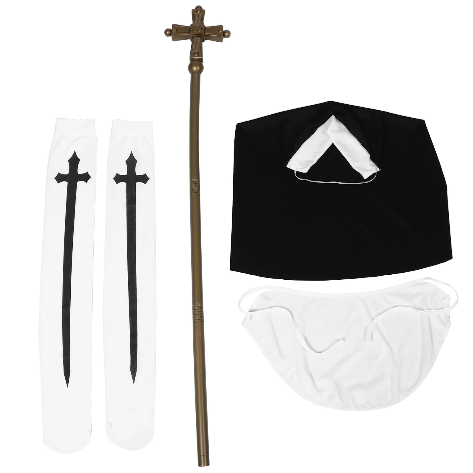 

1Set Halloween Nun Costume Women Cosplay Set Collar Hat Stockings Cross Wand Halloween Party Decoration Women's Cosplay Costumes