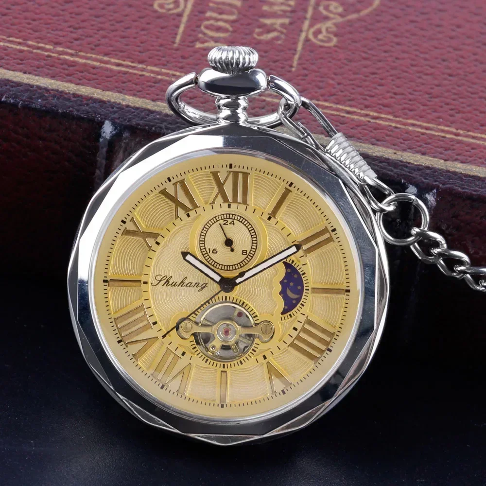 Reloj de bolsillo mecánico de lujo con fase lunar dorada sin cubierta, reloj de bolsillo con colgante antiguo Steampunk, regalos de alta calidad para hombres