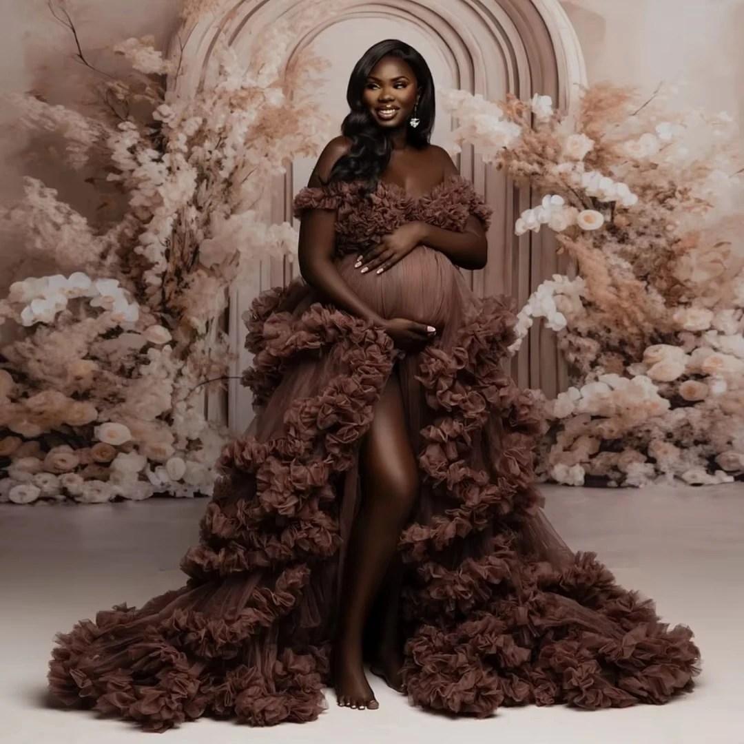 Dark Brown Prom Dresses Women Pleated Tulle Robe Maternity Photoshoot Dress Customized Ruffled Tiered Skirts Pregnant Women Gown