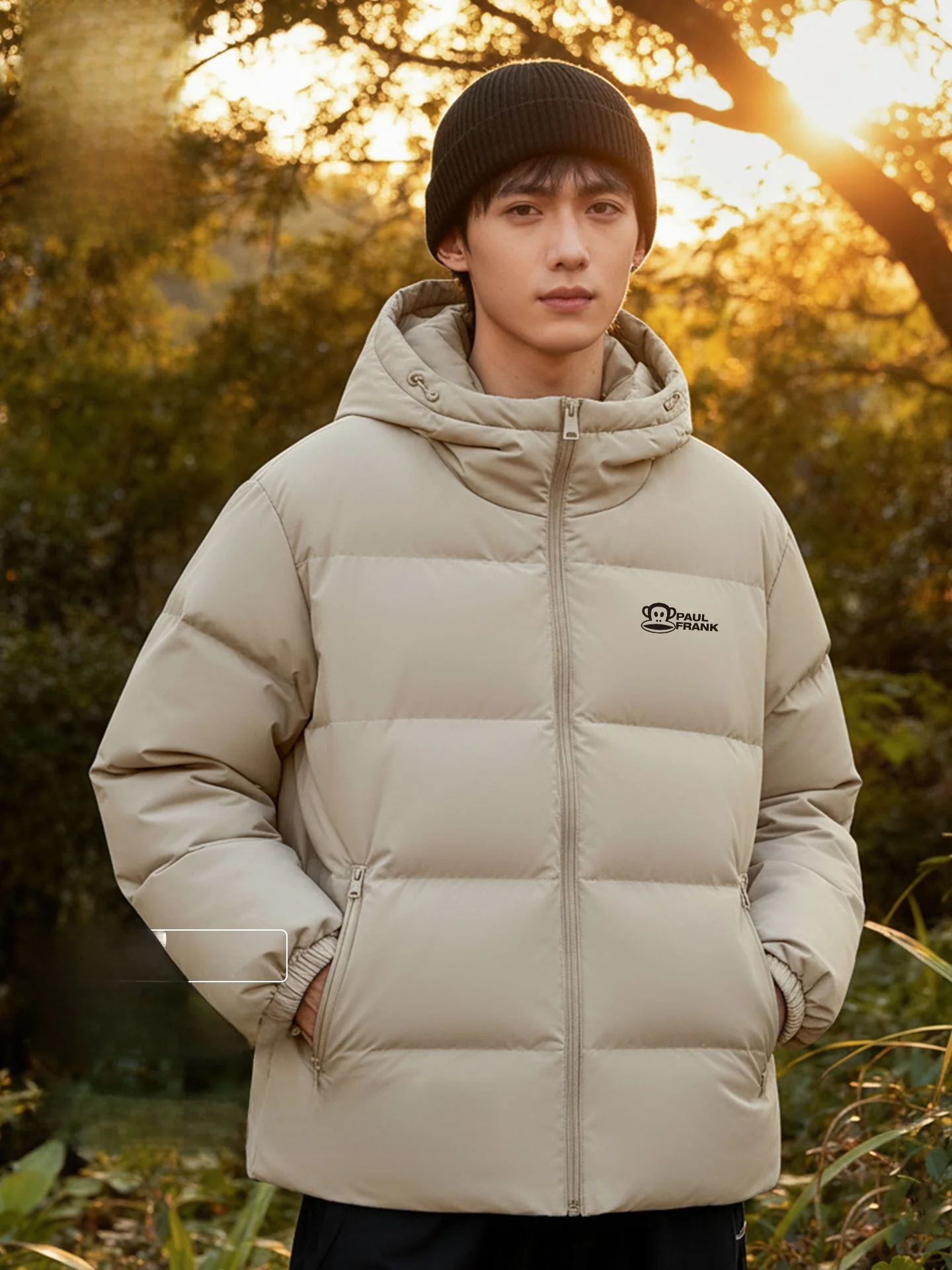 

Men's Hooded down Jaet Autumn Winter Thiened Casual Loose Fit Du Feather Warm Coat with Big Mouth Monkey Print