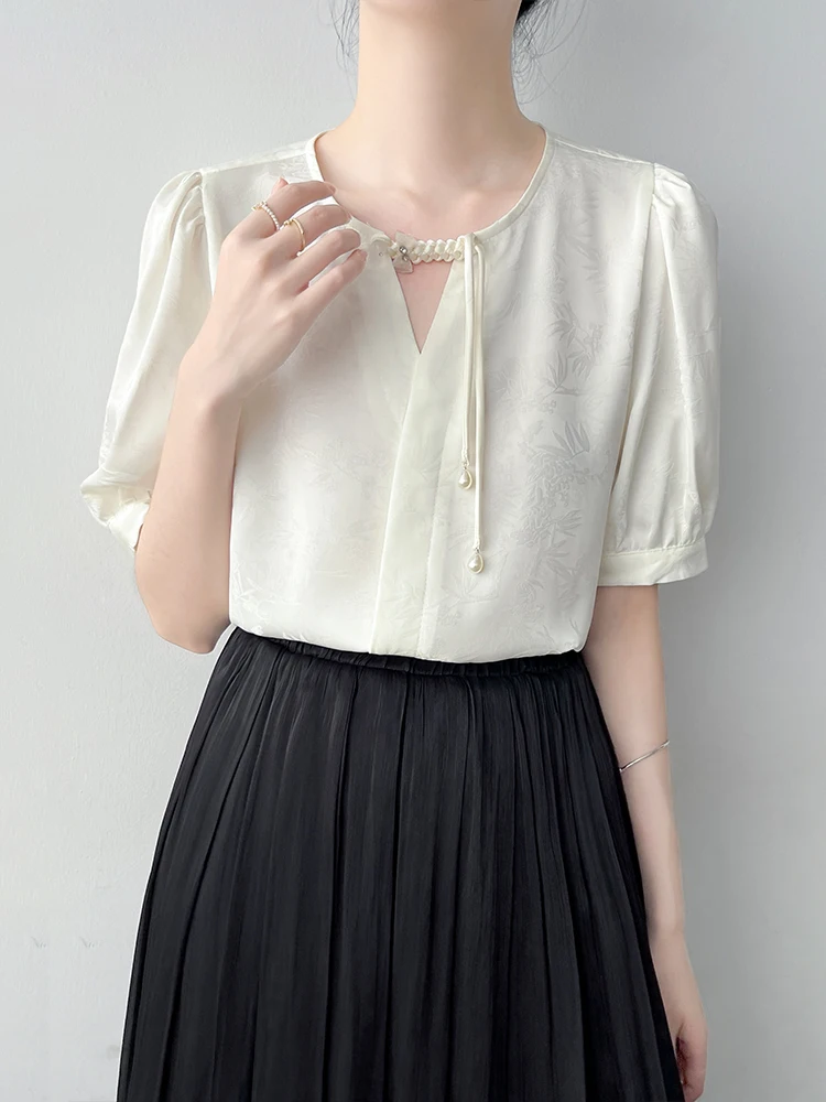 

Корейская женская летняя рубашка с коротким рукавом и вышивкой, в стиле ретро, для офиса, новая, в китайском национальном стиле, на пуговицах