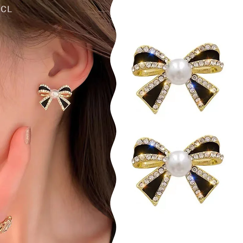 1Pair Beautiful Black Bow Knot Stud Earrings for Women and Girls, Endearing Pearl Enamel Oil Crystal Birthday Gift