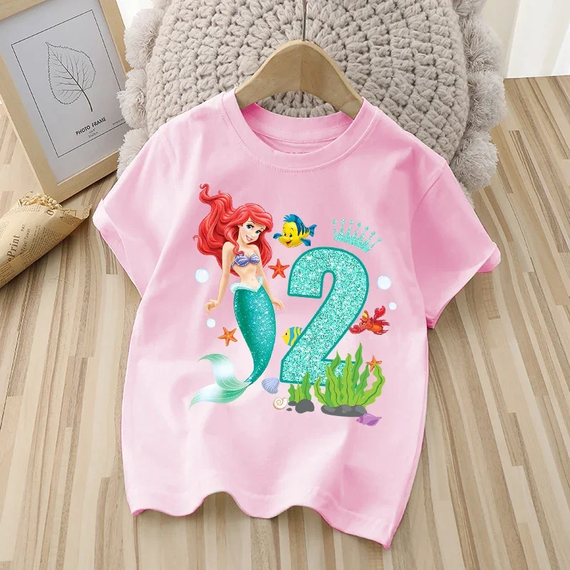 The Little Mermaid Girls Summer Cotton T-shirt Kids Fashion Casual Top Children Short Sleeve Clothes Cartoon Anime Cute T Shirts