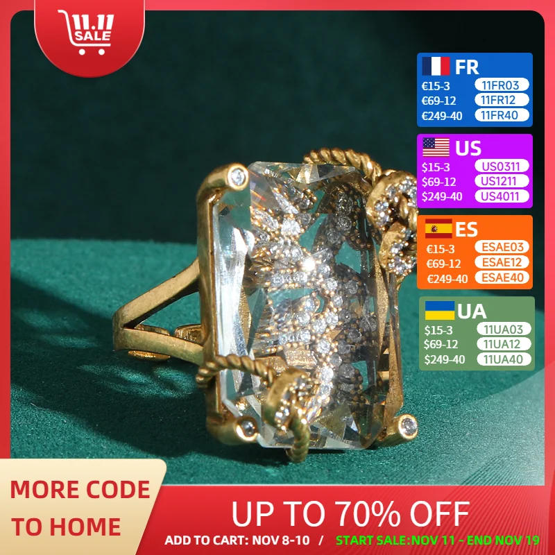 

Vintage Jewelry Transparent Crystal Rings Natural Stone Gold Color Luxury Designe Antique Women Accessories Gifts Valentine 2025