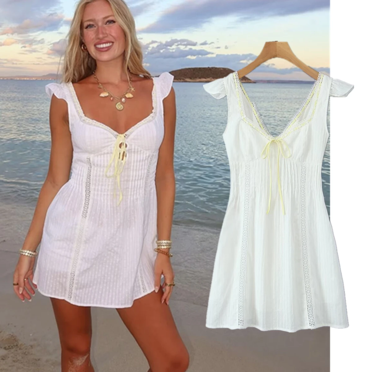 

Dave&Di Summer Dresses Women French Holiday Lace Sexy Dress Minimalist Strappy Suspender Mini Tank Dress Women