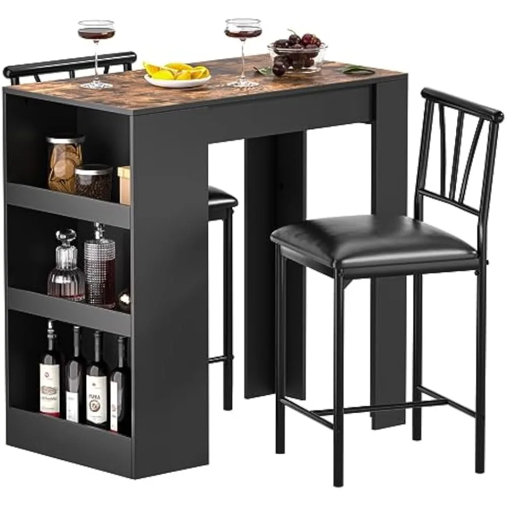 

Small Bar Table and Chairs Tall Kitchen Breakfast Nook with Stools/Dining Set for 2, Storage Shelves, Space-Saving, Retro