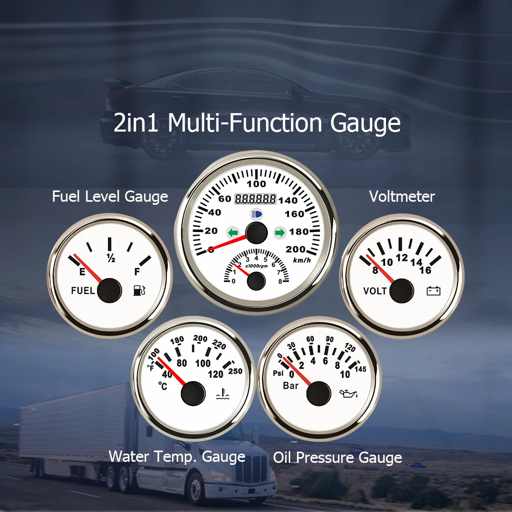 Elling 85Mm Auto 0-200 Km/h Gps Snelheidsmeter 0-8000Rpm Toerenteller + 52Mm Water Temp Oliedruk Brandstofniveau Meter Voltmeter 12V