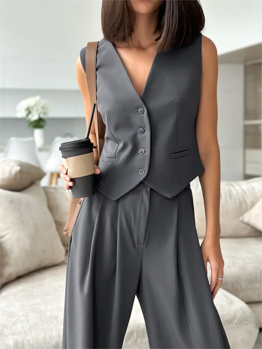 

Wolfeel Summer Vest And Pants Suits Women Sleeveless Loose Pants Fashion Office Lady Solid Suit Retro Style Women's Clothing