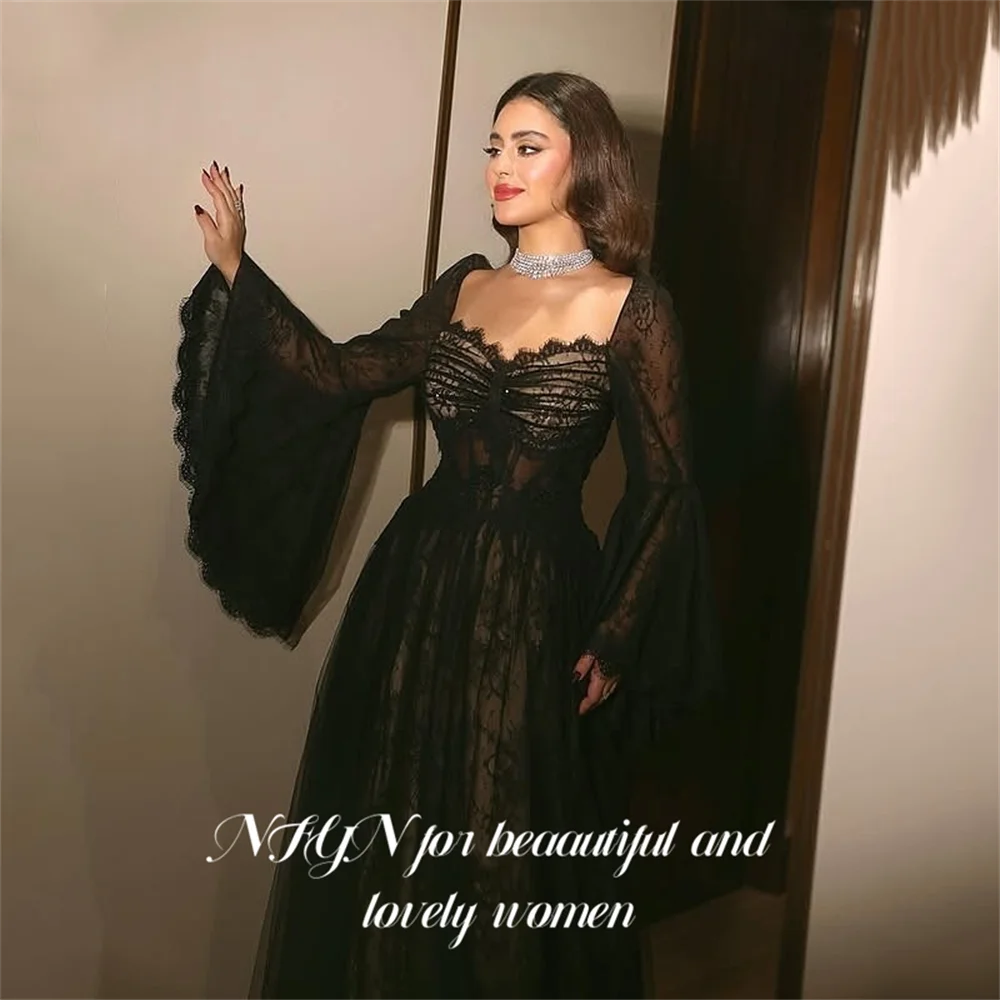 NFYN Black Beach Party Dress Bell Sleeves Night Dresses Glamorous Lace Prom Dress for Woman Floor Length 프롬 드레스 Customized - Image 2
