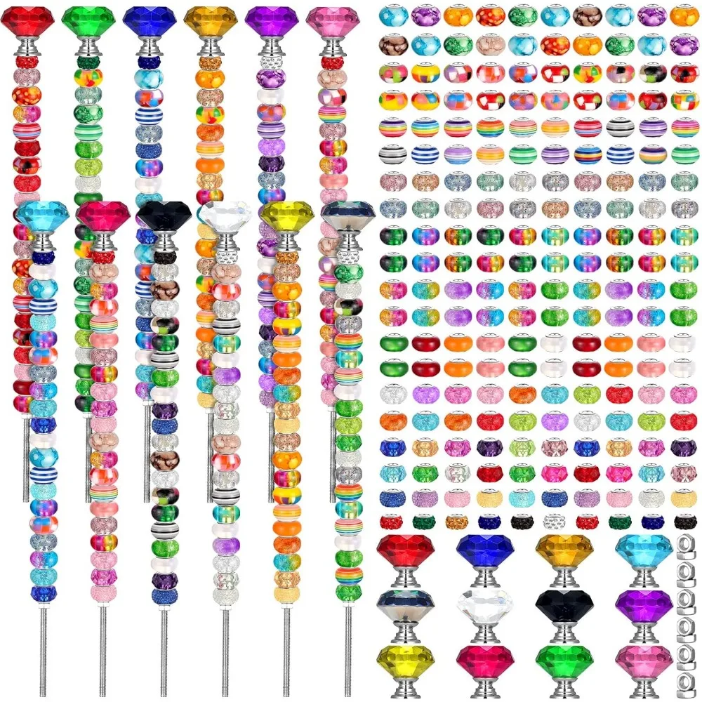 236 Pcs Garden Stake DIY Fairy Wand Plant Stake with 12 Colorful Crystal Stopper Top 12 Threaded Rod with 200 Large Hole Bead f