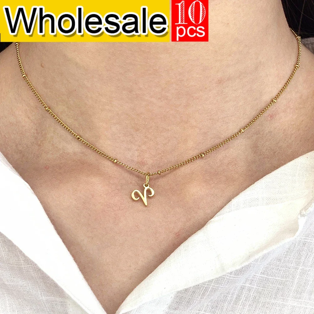 10PCS Stainless Steel Golden Bead Chain Minimalist Style Necklace Oval Thick Circle 12 Zodiac Women's Jewelry Wholesale