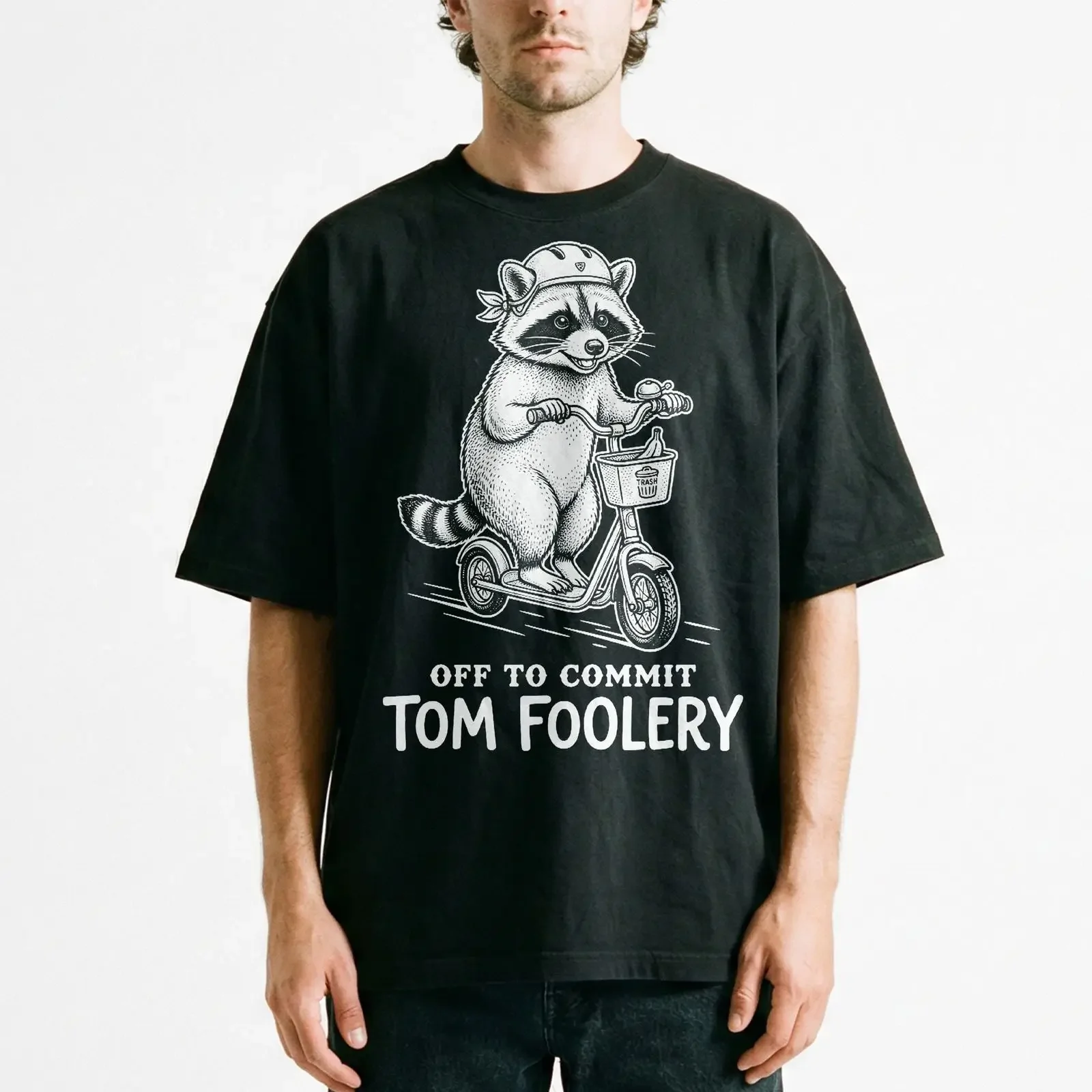 Tom Foolery Off To Commit Raccoon T Shirt Vintage Bicycle Mischief Fun vintage Washed Stretched Casual streetwear Slightly