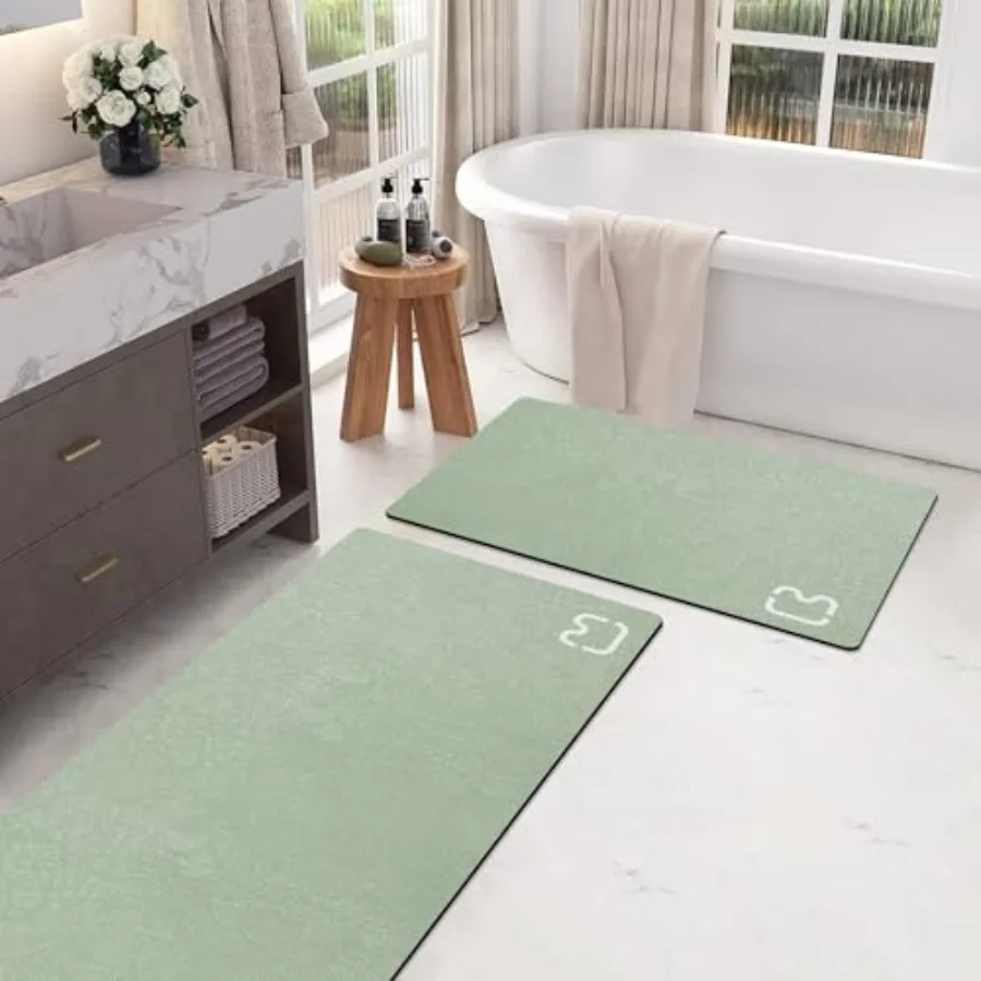 Bathroom Rugs and Mats Set 2 Pcs Diatomaceous Earth Bath Mat, Sage Non Slip Rubber Backed Quick Dry Bathroom Rugs Super Absorbe