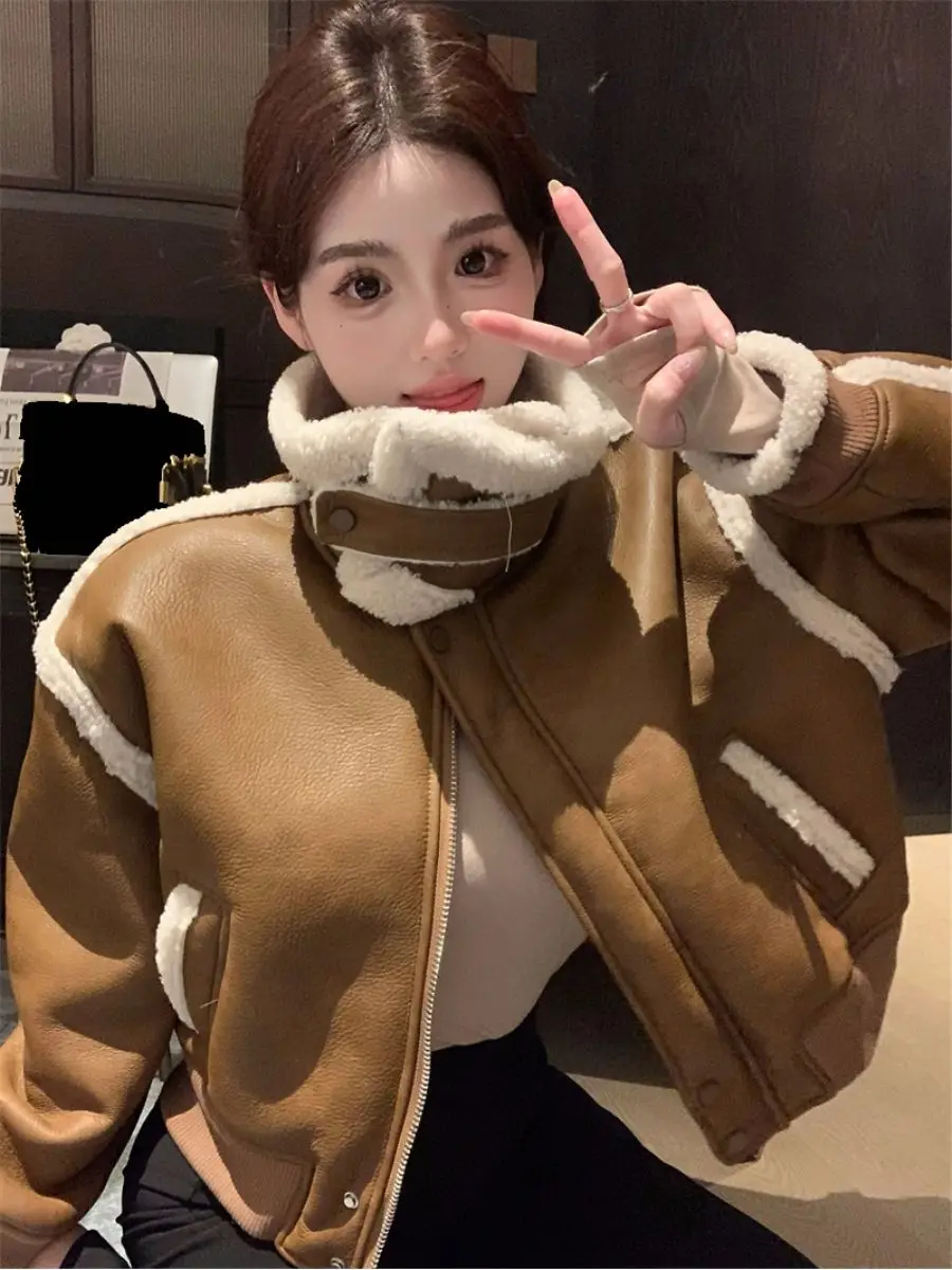 2024 Winter Nieuwe Vrouwen Tops Jasje Lamswol Splitsen Kraag Lange Mouw Rits Korte Jassen Dames Kleding