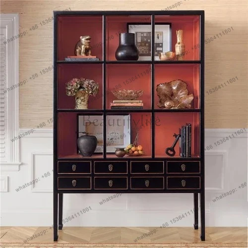 Solid Wood Furniture 8-Drawer 9-Grid Antique Display Stand Bookshelf Bookcase Tea Room Display Stand
