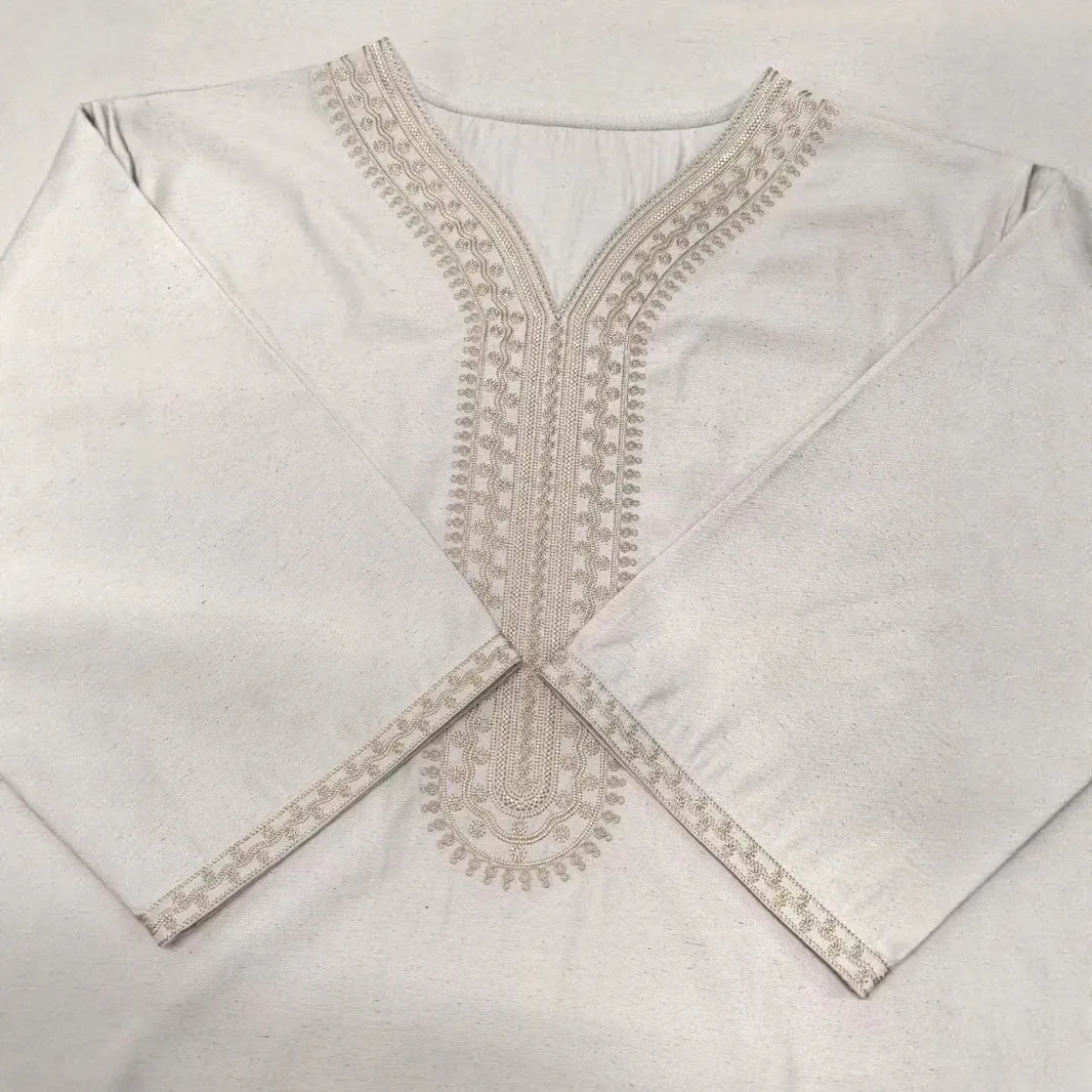 2025 New High-end Embroidered Thobe Men's Clothing Muslim Mid-sleeve Linen Robe with Pockets Ramadan Dubai Luxury Islam Elegant
