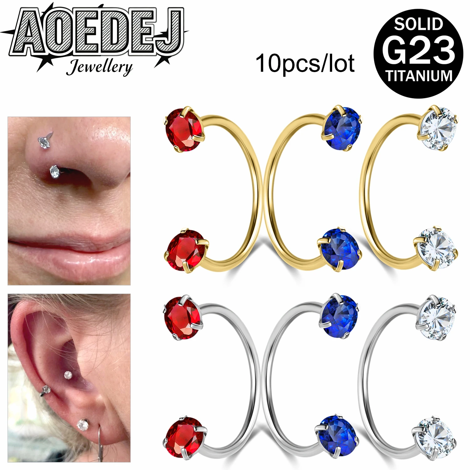 AOEDEJ 10pcs/lot 20G ASTM F136 Titanium Nose Rings Women Men Zircon Septum Ring Horseshoe Hoop Earrings Lobe Helix Lip Piercings