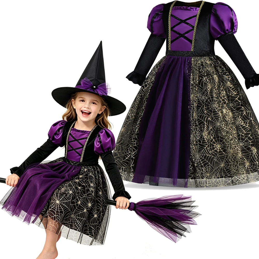 Black Witch Dress Costume for Girls Age 3 4 5 6 7 8 9 10 Halloween Carnival Party Stage Performance Kids Gown Long Sleeve Outfit