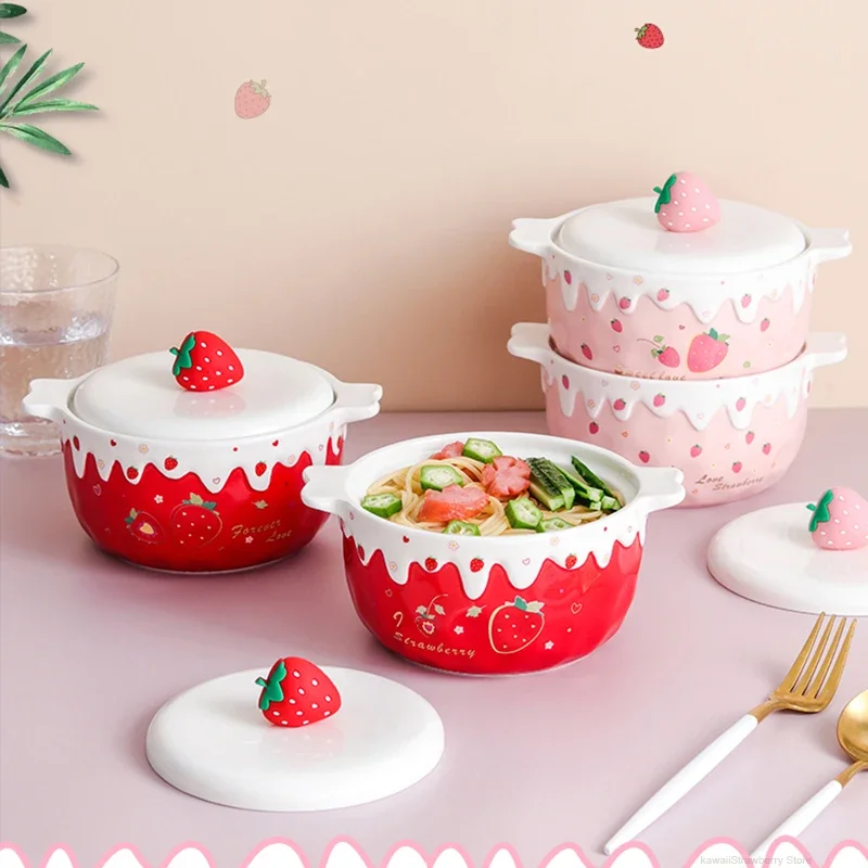 Strawberry Ramen Bowl With Lid Ceramics Cute Large Fruit Instant Noodles Salad Soup Home Kitchen Tableware 700ml