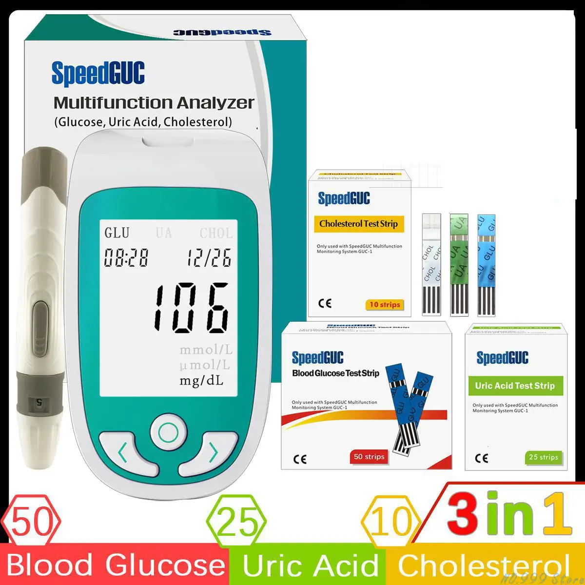 3 In1 Multi-function Diabetes Gout Device&lancets Cholesterol Test Strips&uric Acid &blood Glucose Stripszsk3- 1