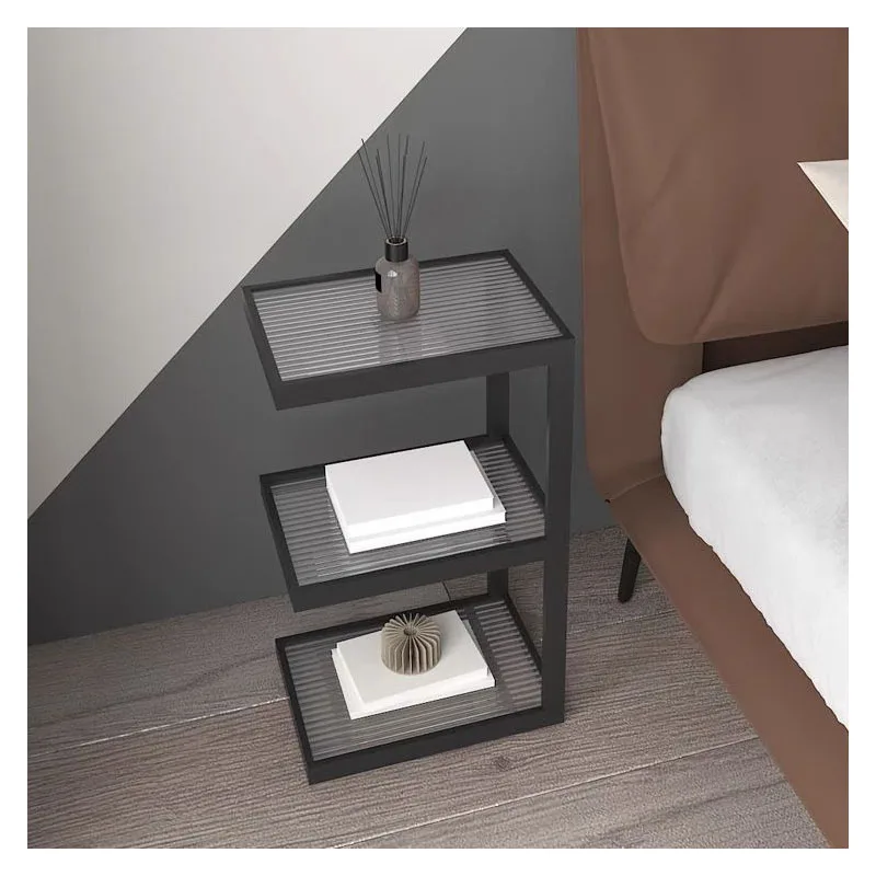 

Minimalist Edge Table, Bedroom, Floor To Ceiling Glass Edge Cabinet, Minimalist Multi-Layer Shelf, Bookshelf