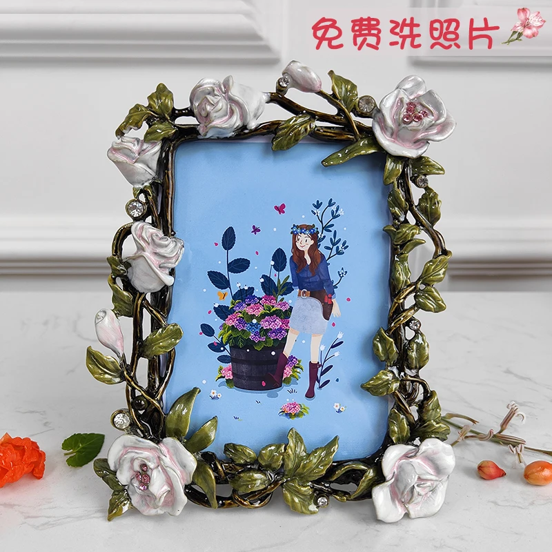 Moldura de foto retrô europeia de 5 polegadas, formato de rosa americana, esmalte de diamante, cor de cinco polegadas, presente de mesa