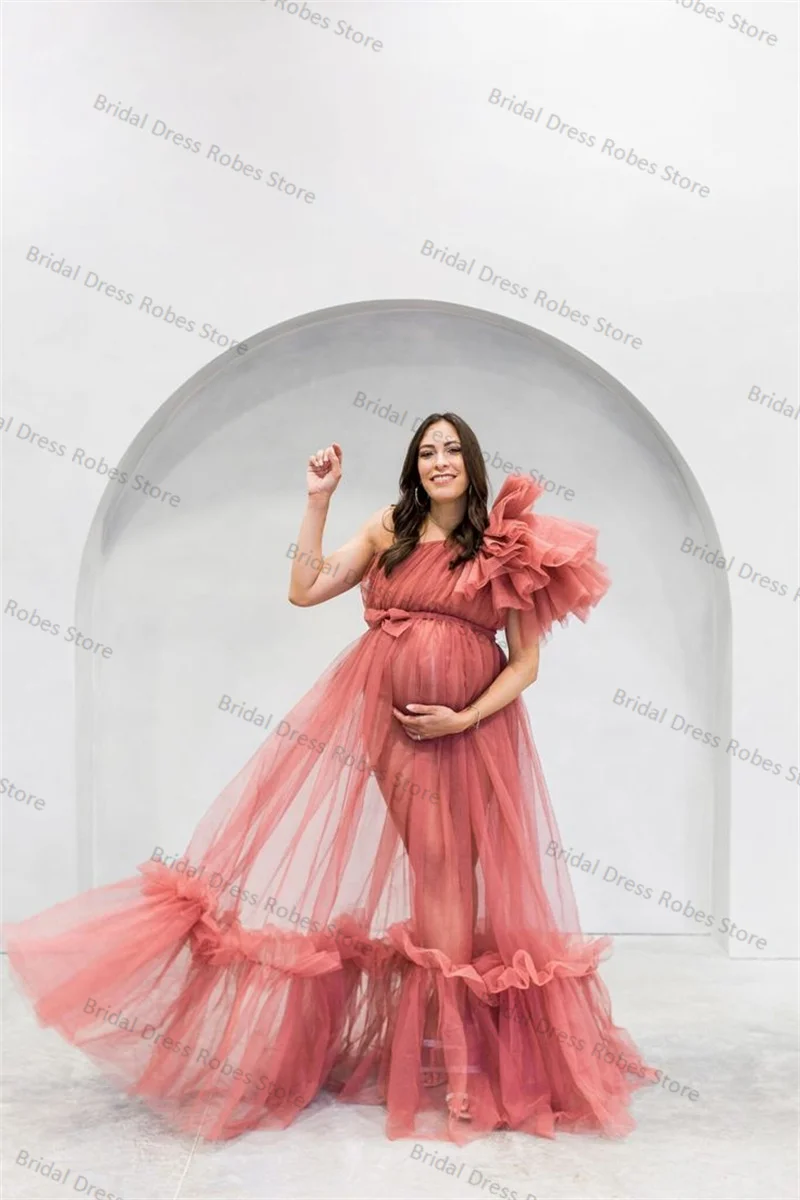 

Dark Pink Women Maternity Dress for Photo Shoot Bridal Sexy One Shoulder Tiered Tulle Robe Pregnant Prom Skirt Customized