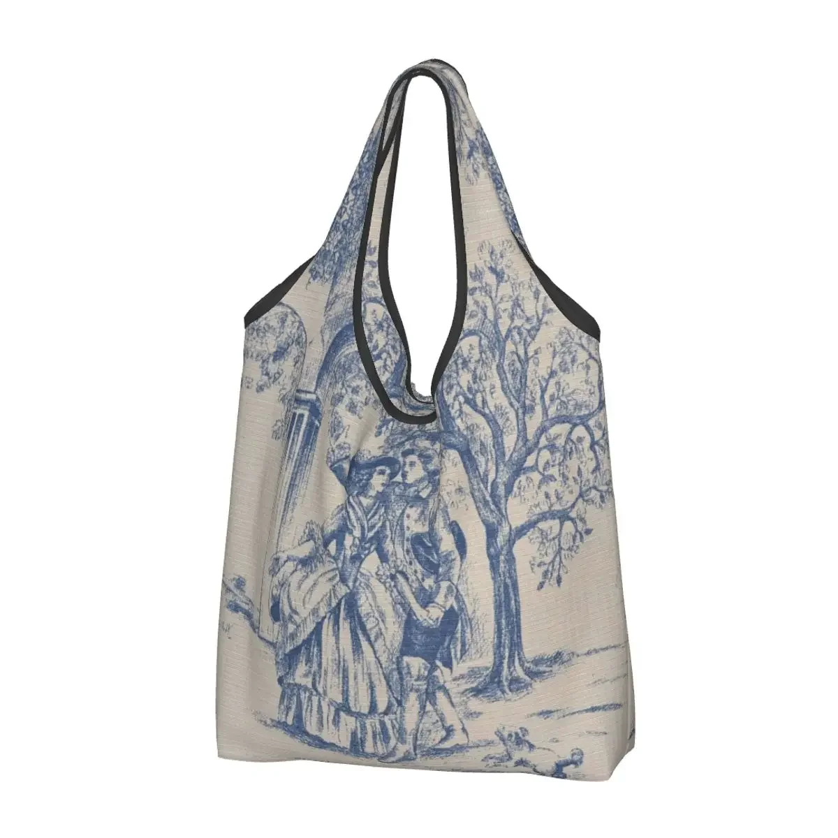 

Custom Vintage Classic French Toile De Jouy Navy Blue Motif Pattern Shopping Bag Portable Grocery Tote Shopper Bags