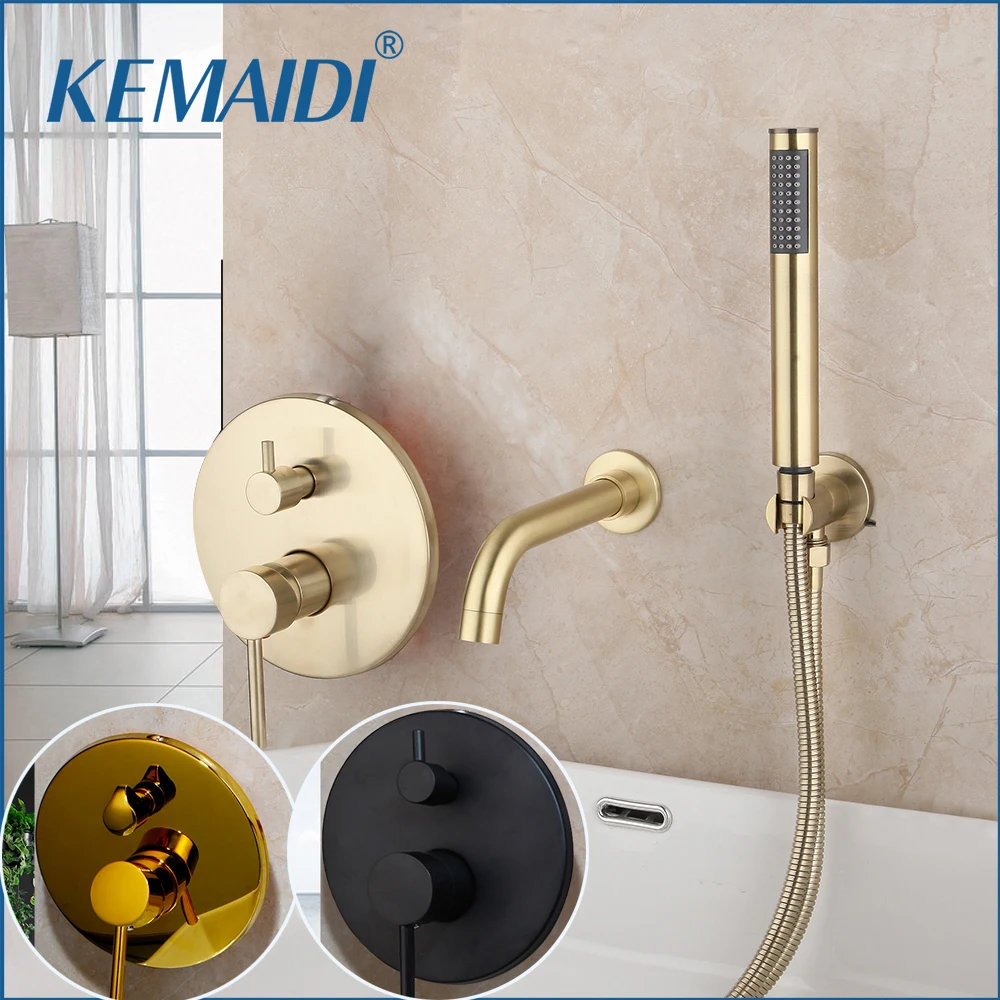 

KEMAIDI Brush Golden Bathtub Shower Faucets 2 Functions Bathroom Faucets Shower Systerm Wall Mounted Bathtub Mixer Set