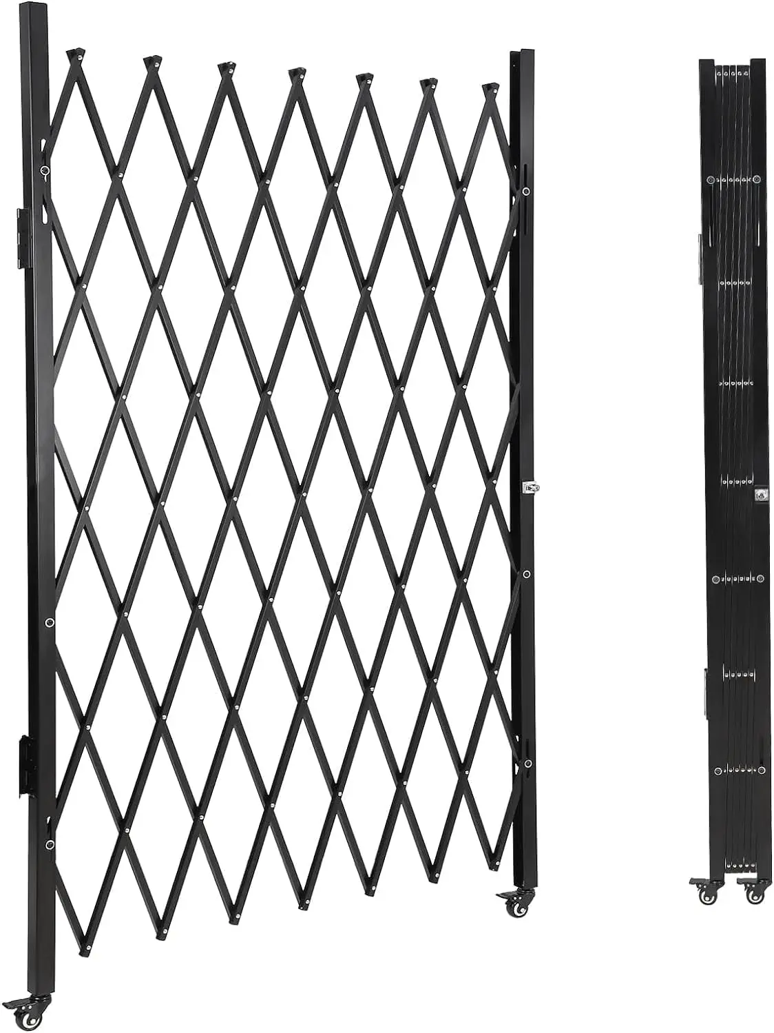 Folding Security Gate, Retractable Accordion Barricade Door Fence With Rolling Casters, Expandable Steel Safety Barrier Gate For Garage Backyard Garden Entrance, Industrial Style, Black, 1 Piece
