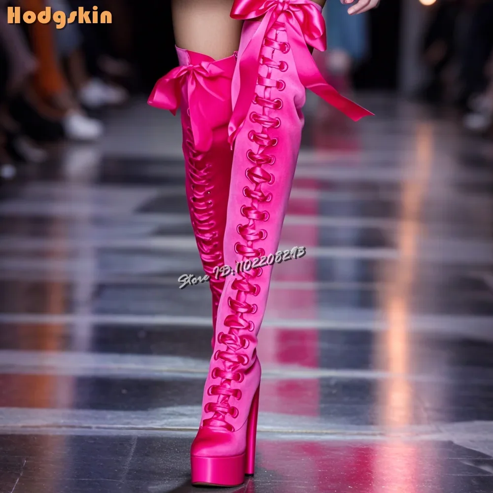 Satin Cross Straps Over-the Knee Boots Round Toe Butterfly-knot Lace-up Modern Boots Side Zip High Heels Shoes 2025 Autumn Women