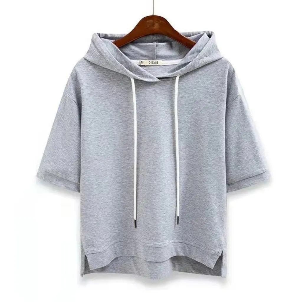 Korean Style Women's Short Sleeve Hooded T-Shirt Loose Solid Color Spring Summer Half Sleeve Split Design Top